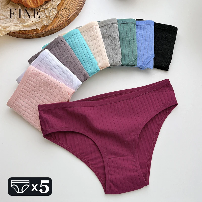 5PCS/SET Cotton Ribbed Striped Underwear for Women Plus Size 10 Soild Colours Stretch Briefs Ladies Soft Lingerie S-7XL